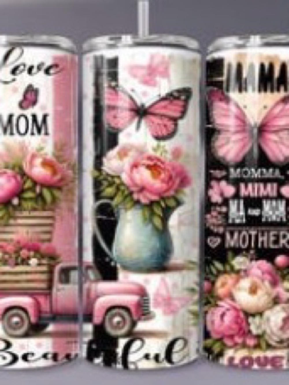 Hand Crafted Pink Butterfly Mom Skinny Travel Tumbler